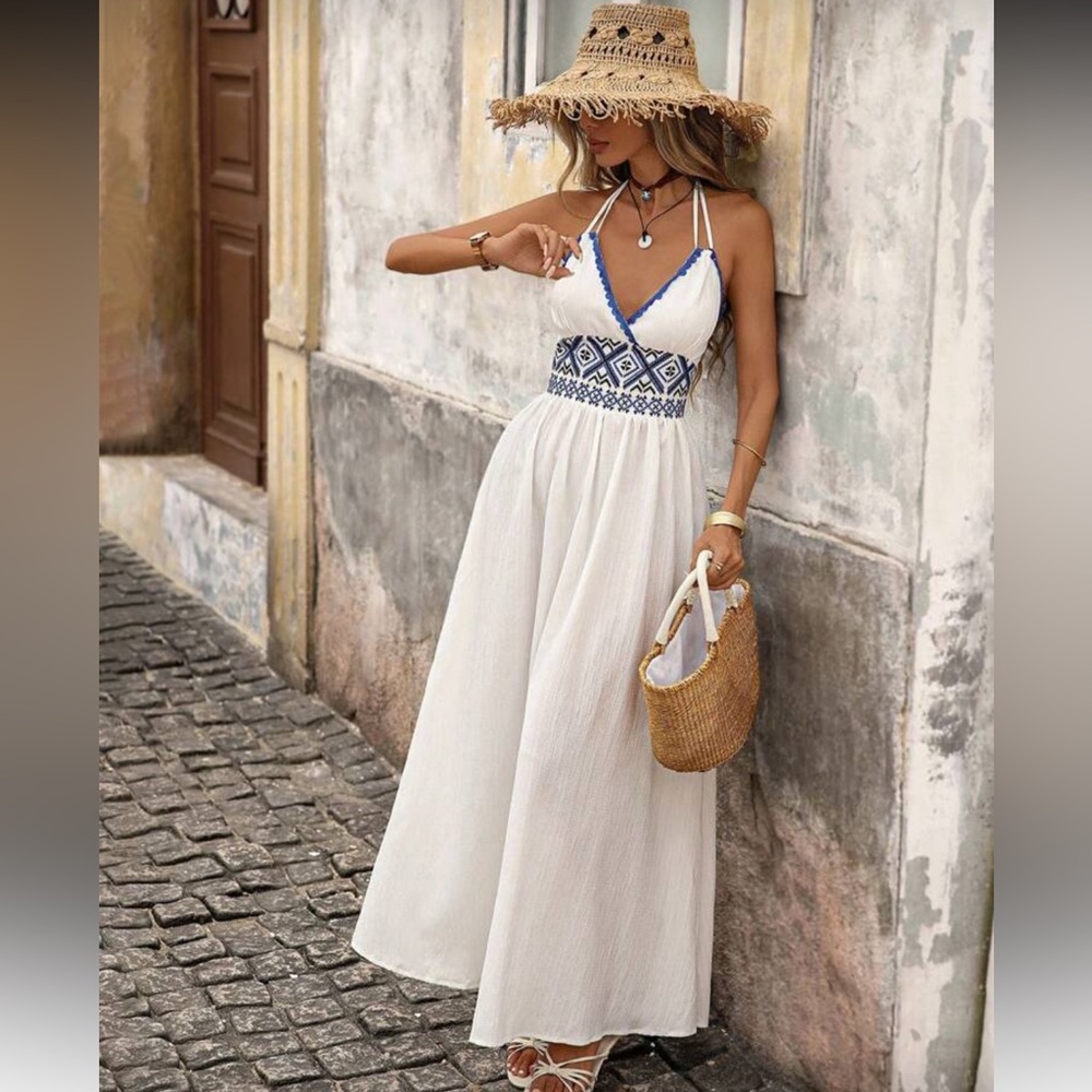 Boho White Embroidered Detail Maxi Dress
